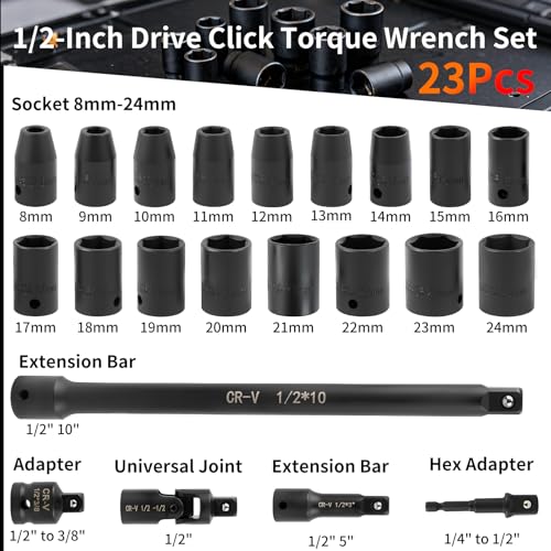 23PCS 1/2-Inch Drive Torque Wrench Set, 10-170FT.LB/13.6-230.5Nm, Click Torque Wrench with Sockets, 72-Tooth Dual-Range, ±3% Precision Adjustable Torque Wrenches for Cart, Motorcycle, Lug Nut - size: 1/2" 10-170 FT.LB, style: 23PCS