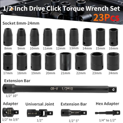 23PCS 1/2-Inch Drive Torque Wrench Set, 10-170FT.LB/13.6-230.5Nm, Click Torque Wrench with Sockets, 72-Tooth Dual-Range, ±3% Precision Adjustable Torque Wrenches for Cart, Motorcycle, Lug Nut - size: 1/2" 10-170 FT.LB, style: 23PCS