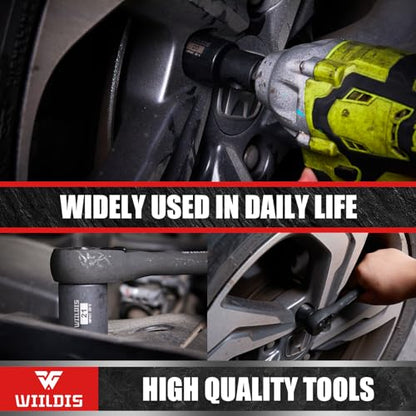 WIILDIS 26 PCS 3/8" Drive SAE and Metric Impact Socket Set, SAE 5/16” to 7/8", Metric 7mm to 22mm, Premium Cr-V Steel, 6-Point Hex Designt,Cr-V Steel - size: 26-Piece