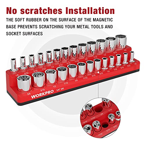 WORKPRO Magnetic Socket Organizer, 1/4-Inch SAE Socket Holder | Hold 26-Piece Sockets, Suitable for Standard and Deep Sockets, Magnetic Base, No Scratches Installation, Socket Not Included - size: 1/4" DR - SAE