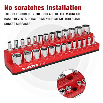 WORKPRO Magnetic Socket Organizer, 1/4-Inch SAE Socket Holder | Hold 26-Piece Sockets, Suitable for Standard and Deep Sockets, Magnetic Base, No Scratches Installation, Socket Not Included - size: 1/4" DR - SAE