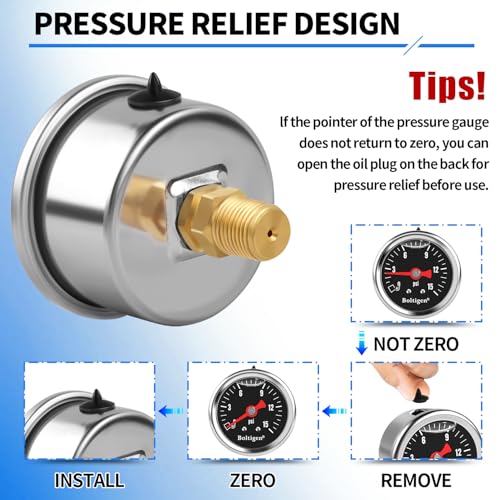 Boltigen Fuel Pressure Gauge, 0-15psi Fuel Pressure Gauge Kit, Glycerin Filled Fuel Pressure Regulator with Gauge for Car, 1/8'' NPT Inline Fuel Pressure Guage with 3/8'' 5/16'' Barb, Black - color: Black