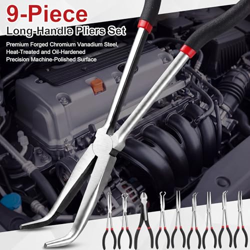 9 Piece 11 Inch Long Reach Pliers Set 45° 90° Bent, Circle, Diagonal Carbon Steel Needle Nose Pliers for Narrow Spaces and Limited Areas(Black) - color: Black