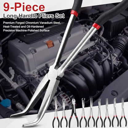 9 Piece 11 Inch Long Reach Pliers Set 45° 90° Bent, Circle, Diagonal Carbon Steel Needle Nose Pliers for Narrow Spaces and Limited Areas(Black) - color: Black