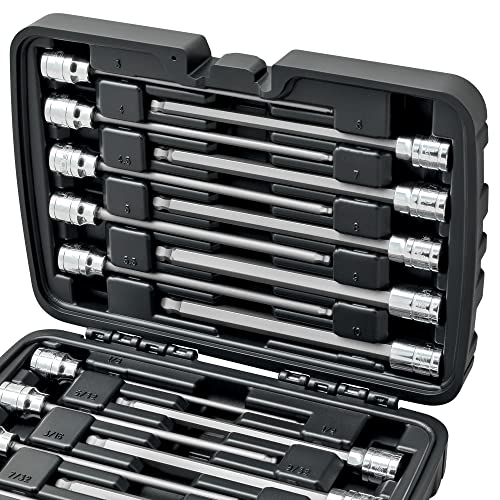 CARBYNE 18-Piece Extra Long Ball End Hex (Allen) Bit Socket Set, Metric and SAE, S2 Steel Bits, 3/8 in. Drive, 6.1 in. Overall Length, Zinc Phosphate Finish, Durable Storage Case - size: Ball-End