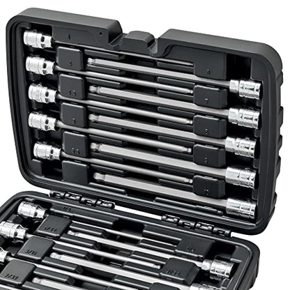 CARBYNE 18-Piece Extra Long Ball End Hex (Allen) Bit Socket Set, Metric and SAE, S2 Steel Bits, 3/8 in. Drive, 6.1 in. Overall Length, Zinc Phosphate Finish, Durable Storage Case - size: Ball-End