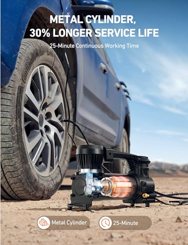 AstroAI T3 Heavy-Duty Air Compressor 12V Portable Offroad Air Compressor with 1.97CFM, 120PSI Tire Pump with Alligator Clips, LED Light for Pickups,Trucks, SUVs, RVs Cars for Up to 33 Inch Tires - style: Mechanical Screen