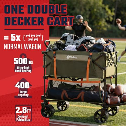 Sekey 500LBS Heavy Duty Double Decker Wagon with Extender, 400L Large Capacity Collapsible Garden Cart Fits 10x10 Canopy, All-Terrain Big Wheels with Brakes, Foldable Utility Wagon for Sports, Camping - color: Army Green