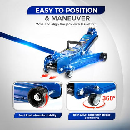 Hantec Floor Jack 2.5-Ton (5,000 lbs) Low Profile Hydraulic Trolley Jack HGP9 – Quick Lift Pump, Lift Range 3.3" to 14.6", Built-in Safety Valve & 360° Swivel Saddle for Cars, SUVs and Trucks