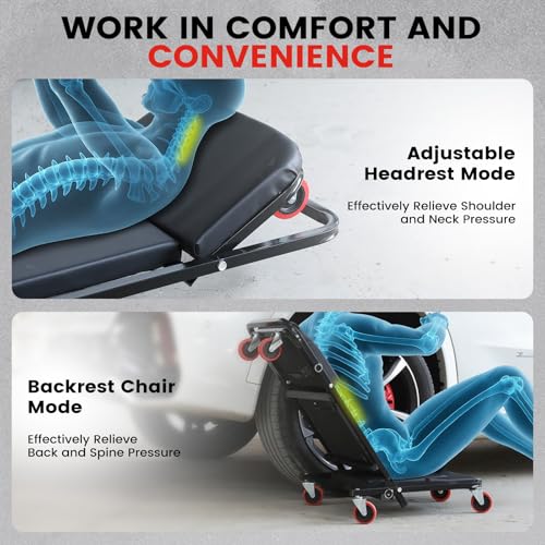 KROAK Creeper, 40 Inches 4 in 1 Z Creeper Seat 2025 Upgraded 450 lbs Capacity Garage Chair Adjustable Rolling Folding Car Creeper with 6 pcs 3" Wheels,Lay Down or Sit for Garage, Auto, Shop Repair - size: 40" 4 in 1