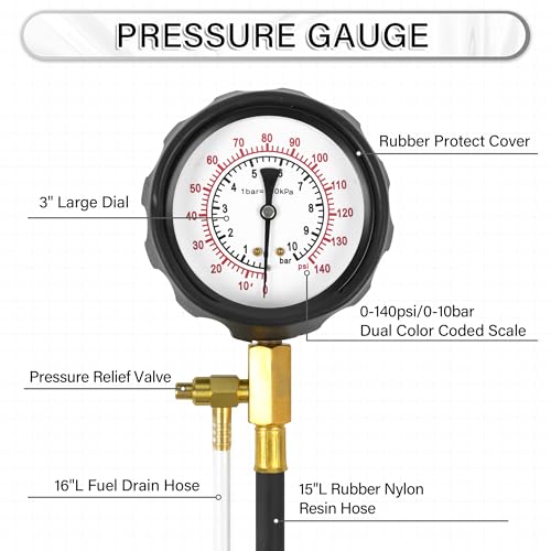0-140PSI Pressure Tester Gauge Kit Car Tools with Gauge Tester Kit Gas Oil Pressure Tools for Cars and Trucks， TU-114 Fuel Pressure Tester Kit，Test Gasoline Fuel Pump Pressure