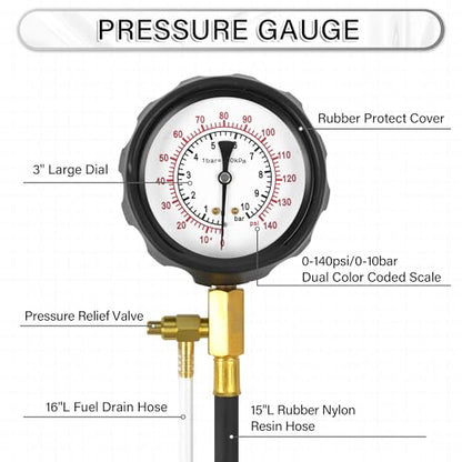 0-140PSI Pressure Tester Gauge Kit Car Tools with Gauge Tester Kit Gas Oil Pressure Tools for Cars and Trucks， TU-114 Fuel Pressure Tester Kit，Test Gasoline Fuel Pump Pressure