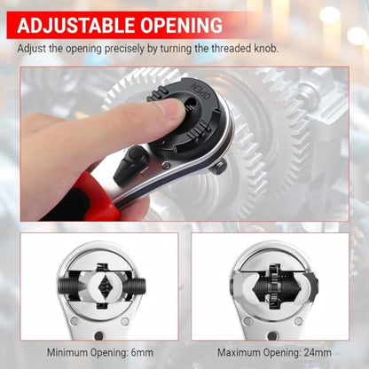 Adjustable Ratchet Wrench 6-24mm Jaw, Upgraded Universal Socket Wrench Tool | 360° Rotating Head, SAE and Metric, Reversible Switch, Cr-V Steel, Ratcheting Kit, Self-Adjusting Set for Nut/Bolt/Screw/Pipe