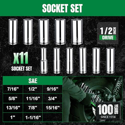 SK 1/2" Drive Socket Set, Deep SAE Sockets, 11-Piece 7/16" to 1-1/16" | SuperKrome Finish, Premium CR-V Steel, with Aluminum Socket Organizer - size: Deep, style: SAE