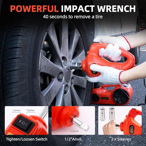 Trihelper Electric Car Jack Set 5 in 1 Floor Hydraulic Jack Kit 5 Ton Truck Lift with Integrated Tire Pump and Impact Wrench for SUV Truck Sedan Vehicle Roadside Emergency Tire Change