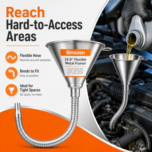 24.8" Funnels for Automotive Use, Steel Bendable Spout Funnel, Galvanized Funnel with Screen Screen, Ideal for Filling All Oils, Diesel, Gasoline and conveying Other Liquids