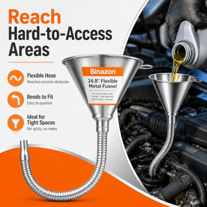24.8" Funnels for Automotive Use, Steel Bendable Spout Funnel, Galvanized Funnel with Screen Screen, Ideal for Filling All Oils, Diesel, Gasoline and conveying Other Liquids