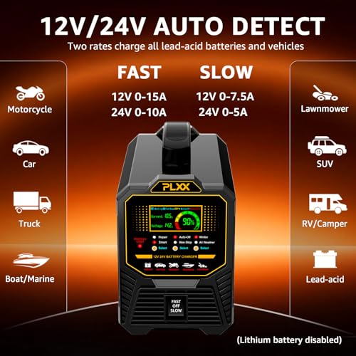 PLXX 12V 24V 0-15A Automatic Car Battery Charger Heavy Duty, Smart Trickle Charger, Battery Repairer with Auto Shut-Off, for Car Truck Motorcycle Boat RV Lawn Mower AGM Gel Wet MF Deep Cycle