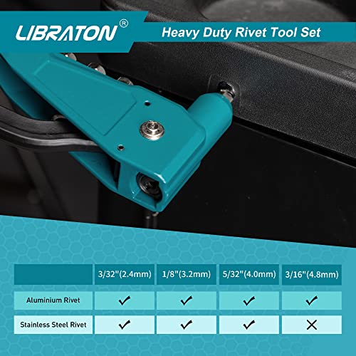 Libraton Heavy Duty Rivet Gun, Pop Rivet Gun Set, Professional Hand Riveter, Manual Riveting Tool with 110Pcs Rivets and 4 Interchangeable Heads, for Metal, Wood and Plastic - size: Heavy-duty Rivet Gun