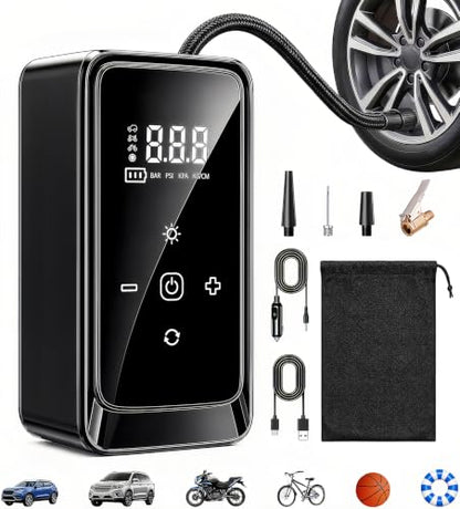 Tire Inflator Portable Air Compressor, Dual Power 12V DC/Rechargeable | Digital Display Gauge Car Tire air Pump, Battery Operated, LED Work Light, for Car Tires, SUV, Motorcycles, Bicycles, Balls