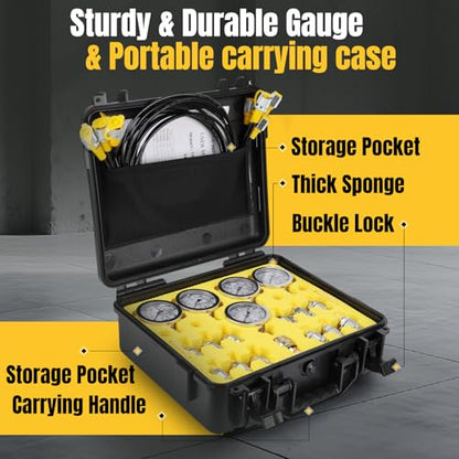 Hydraulic Pressure Test Kit,5 Gauges 12 Test Couplings.14 Tee Connectors.5 Test Hoses,Hydraulic Pressure Gauge Tester Set with Sturdy Carrying Case for Excavator Construction Machinery
