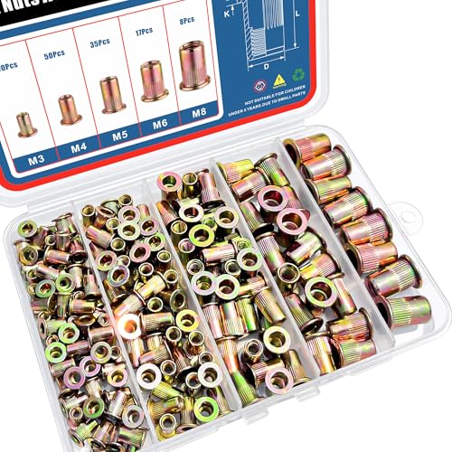 180Pcs Metric Rivet Nut Assortment Kit, Zinc Plated Carbon Steel Rivnut Threaded Inserts Assortment Set Nutserts, Sizes M3 M4 M5 M6 M8 - size: Metric Kit - 180 Pcs