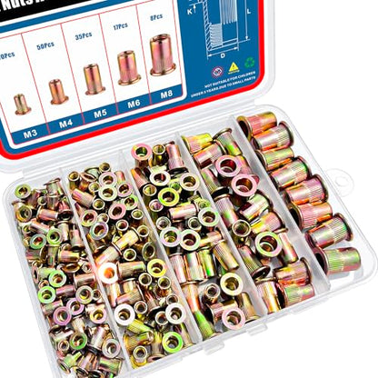 180Pcs Metric Rivet Nut Assortment Kit, Zinc Plated Carbon Steel Rivnut Threaded Inserts Assortment Set Nutserts, Sizes M3 M4 M5 M6 M8 - size: Metric Kit - 180 Pcs