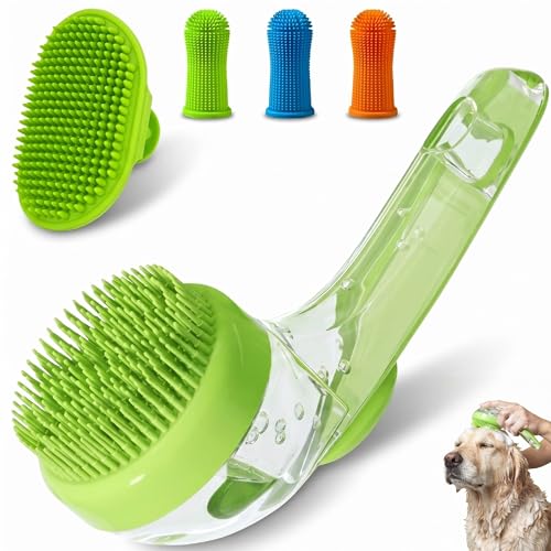 5PC pet grooming bath brush set - silicone massage brush with shampoo dispenser - suitable for dogs and cats for bathing, removing loose hair, and oral cleaning (green)