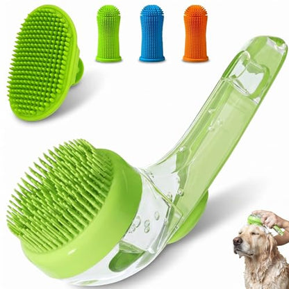 5PC pet grooming bath brush set - silicone massage brush with shampoo dispenser - suitable for dogs and cats for bathing, removing loose hair, and oral cleaning (green)