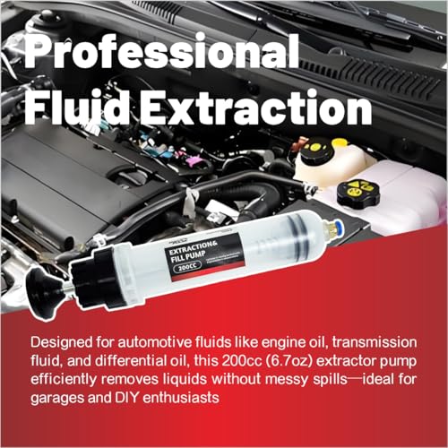 Automotive Fluid Extractor Pump 200cc - Manual Oil Change Pump for Engine, Transmission, Differential Fluid 6.7oz Essential Mechanic Tool for Garage, DIY Car Maintenance