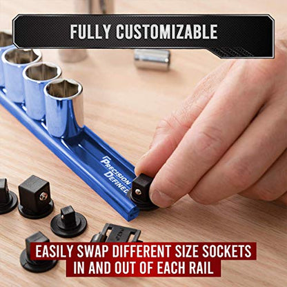 Precision Defined Aluminum Tool Socket Holder 3-Piece Set | Blue, 1/4-Inch x 16 Clips, 3/8-Inch x 16 Clips, 1/2-Inch x 14 Clips | 360 Rotation - Heavy Duty Socket Rails Organizer, Socket Storage - color: Blue