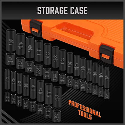 HORUSDY 50-Piece 3/8" Drive Impact Socket Set, Standard SAE (5/16 to 3/4 inch) and Metric (8-22mm) Size, 6 Point, Cr-V, 3/8-Inch Drive Ratchet Wrench, Drive Extension Bar, Impact Universal Joint - style: 50PC 3/8" Master Kit
