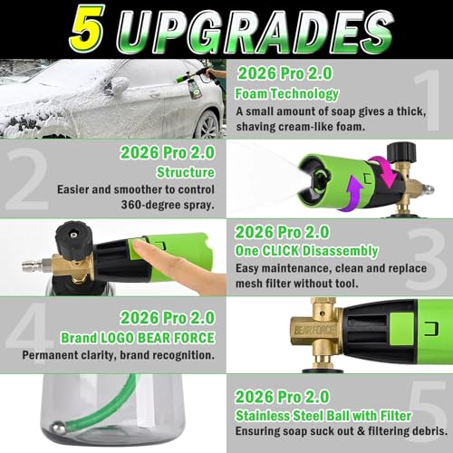 BEAR FORCE Innovative Pressure Washer Foam Cannon Pro+ (Thicker Suds, 3 Times of Life), 2026 Car Wash Snow Foam Blaster with One-Click Disassembly Technology + 1/4" Quick Plug, 34oz Bottle - color: Brass Foam Cannon