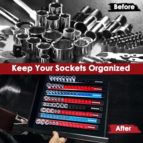 PINOZE 8PCS Magnetic Socket Holder Organizer Set - 1/4, 3/8, 1/2 - Aluminum Alloy Socket Rail Trays for Tool Box Drawer, Socket Rack Kit with 114Pcs Clips for Automotive Garage(Blue Red Black) - size: 8pcs - 1/2", 3/8", 1/4" DR