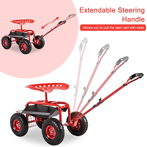 Kinfant Rolling Garden Cart Scooter Stool - Garden Cart with Wheels & Seat, Adjustable Handle 360 Degree Swivel (Red) - color: Red