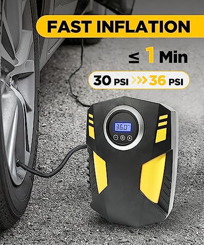 YAKEFLY Tire Inflator Portable Air Compressor,12V DC Car Tire Pump with Digital Pressure Gauge,150 PSI Auto Shut Off with Emergency LED Flasher,Air Compressor Tire Inflator
