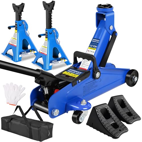 2 Ton (4000 lbs) Capacity Floor Jack Low Profile Garage Hydraulic Trolley Service Lift Floor Jack Combo with Ratchet 3 Ton Jack Stands for SUV, Car and Truck, Blue - color: 2Ton with Jack stands+Wheel chock Blue