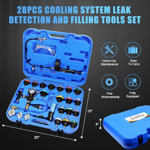 JIFETOR Radiator Pressure Leak Tester Coolant Vacuum Refill Tool 28PCS Kit | Universal Automotive Water Tank Leakage Test Detector & Cooling System Pneumatic Purge Coolant Change Set 21PCS Adapter Caps - color: Blue Case