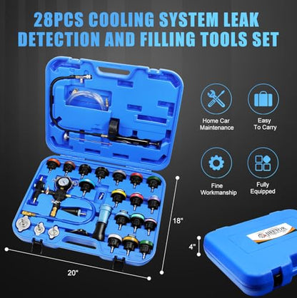 JIFETOR Radiator Pressure Leak Tester Coolant Vacuum Refill Tool 28PCS Kit | Universal Automotive Water Tank Leakage Test Detector & Cooling System Pneumatic Purge Coolant Change Set 21PCS Adapter Caps - color: Blue Case