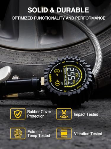 AZUNO Digital Tire Inflator Gauge 255 PSI, Heavy Duty Tire Pressure Gauge with Air Chuck, Steel Braided Hose, Quick Connect Coupler & Case for Truck RV Trailer - size: 255PSI For Truck / RV