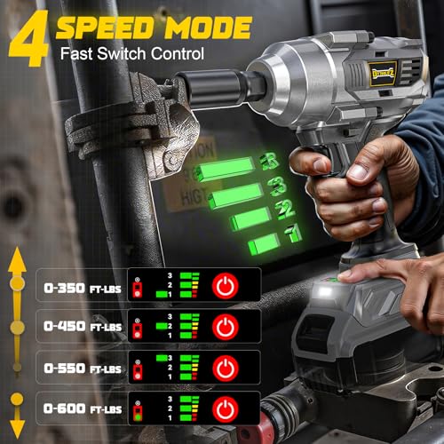 DIYtoolifz Cordless Impact Wrench 3/8” Compatible with Dewalt 20v Battery: 600 Ft-lbs High Torque Impact Driver, 3100RPM Brushless Electric Impact Gun with 4-Mode Speed, LED Light(Bare Tool) - size: 600ft-lbs, style: Compatible with Dewalt 20v Battery (Ba