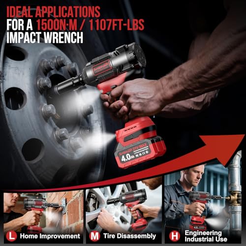 Cordless Impact Wrench 1/2" 21V High Torque Brushless Power Impact Gun 1107Ft-lbs (1500Nm) with 2x4.0Ah Batteries & 6 Sockets & Fast Charger & Case for Car & Truck & RV & Heavy Duty Use