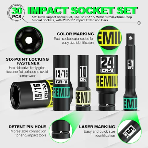 30PCS 1/2" Drive Impact Socket Set, SAE (5/16"- 1") and Metric (10mm-24mm) Deep Socket, Including Impact Extension Bar 3 ", 5", 10", 6 Point, Suitable for Automotive and Machinery - size: 1/2" 30pcs