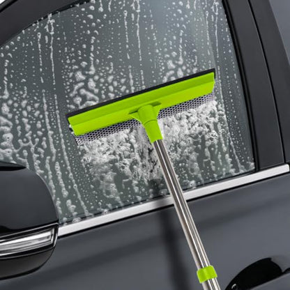 Window Squeegee with 15.7"-27.5" Retractable Stainless Steel Handle, 2-in-1 Windshield Cleaner Tool for Cars, Trucks, Glass Doors, Shower Glass, Outdoor Windows – Window Cleaner (Green)