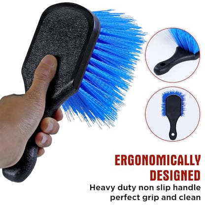 TAKAVU Wheel & Tire Brush, Stiff Bristle Short Handle, Scratch-Safe (Blue) | Includes Detail Brush, Cleans Rims, Wheel Wells, Interior Vents & Emblems, Car Detailing Cleaning Kit - color: Blue