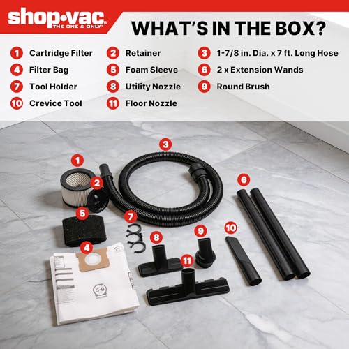 Shop-Vac 5 Gallon Ultra Quiet Shop Vacuum Wet and Dry, 4.5PHP Stainless Steel Tank Wet/Dry Vacuum with Attachments, 1-7/8 In x 7 Ft Hose, 15 Ft Cord, Ideal for Jobsite, Garage, Workshop & Home 5430542