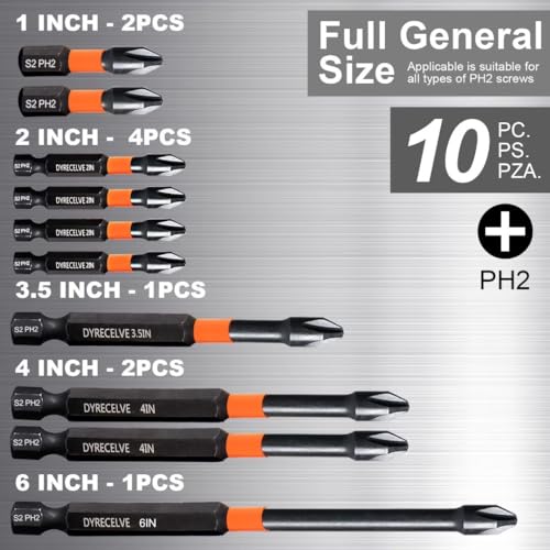 10-Pack Phillips Bits #2 Impact Magnetic, 1-Inch to 6-Inch Long Phillips Head Drill & Screwdriver Bits, PH2 Premium S2 Steel 1/4" Hex Shank for Impact Drivers, Professional & DIY Use - color: 1'' to 6'' Ph2 10-pcs