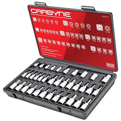 CARBYNE 36-Piece Hex (Allen) & Torx Bit Socket, SAE and Metric Hex, S2 Steel Bits, CrV Sockets, 1/4 in. 3/8 in. 1/2 in. Drive, Zinc Phosphate Bit Finish, Genuine Licensed Torx