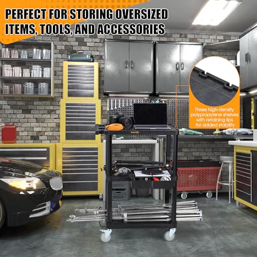 ELAFROS 3-Tier Heavy Duty Flat Top Rolling Utility Cart, 27.5 x 18.25 in | 330 lbs Capacity, Flat Top Shelves, Industrial Plastic, Swivel Wheels, Multipurpose Work Cart, Service Tool Organizer - style: Standard