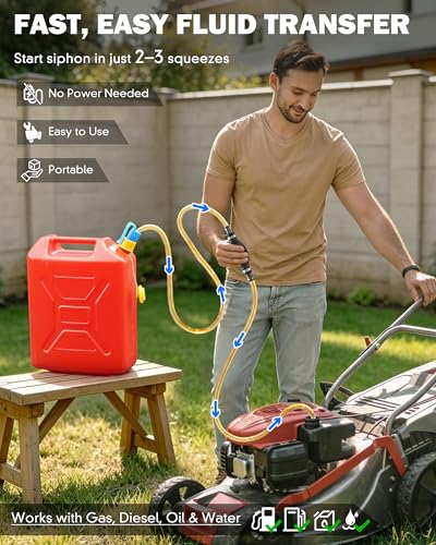 Gas Siphon Hose Pump, Manual Fuel Transfer Pump for Gasoline, Diesel, Water | Fast Flow Hand Syphon Pump w/ Thickened Hose, Portable Fluid Transfer Pump for Gas Can, Lawn Equipment, Emergency Refueling